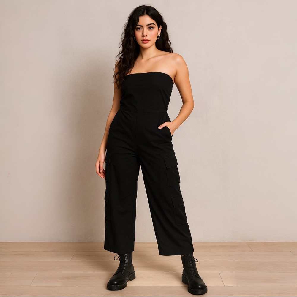 J for Justify Cargo Black Strapless Jumpsuit Women’s Size Large NWT Boho pockets - Picture 3 of 11
